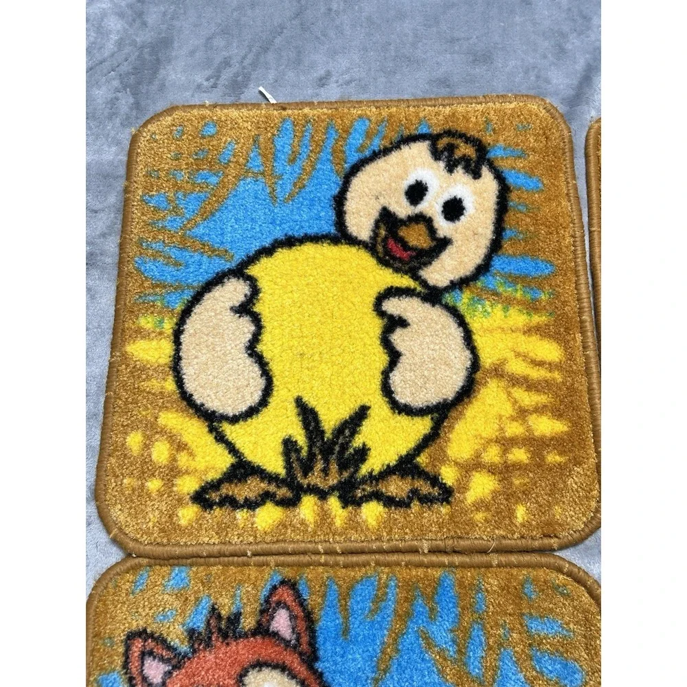 Vintage 70s Latch Hook Farm Animal Rugs Set of 7 Fox Duck Pig Bunny Horse Cow